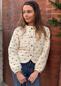 Bow Embroidered Quilted Puff Jacket - Cream