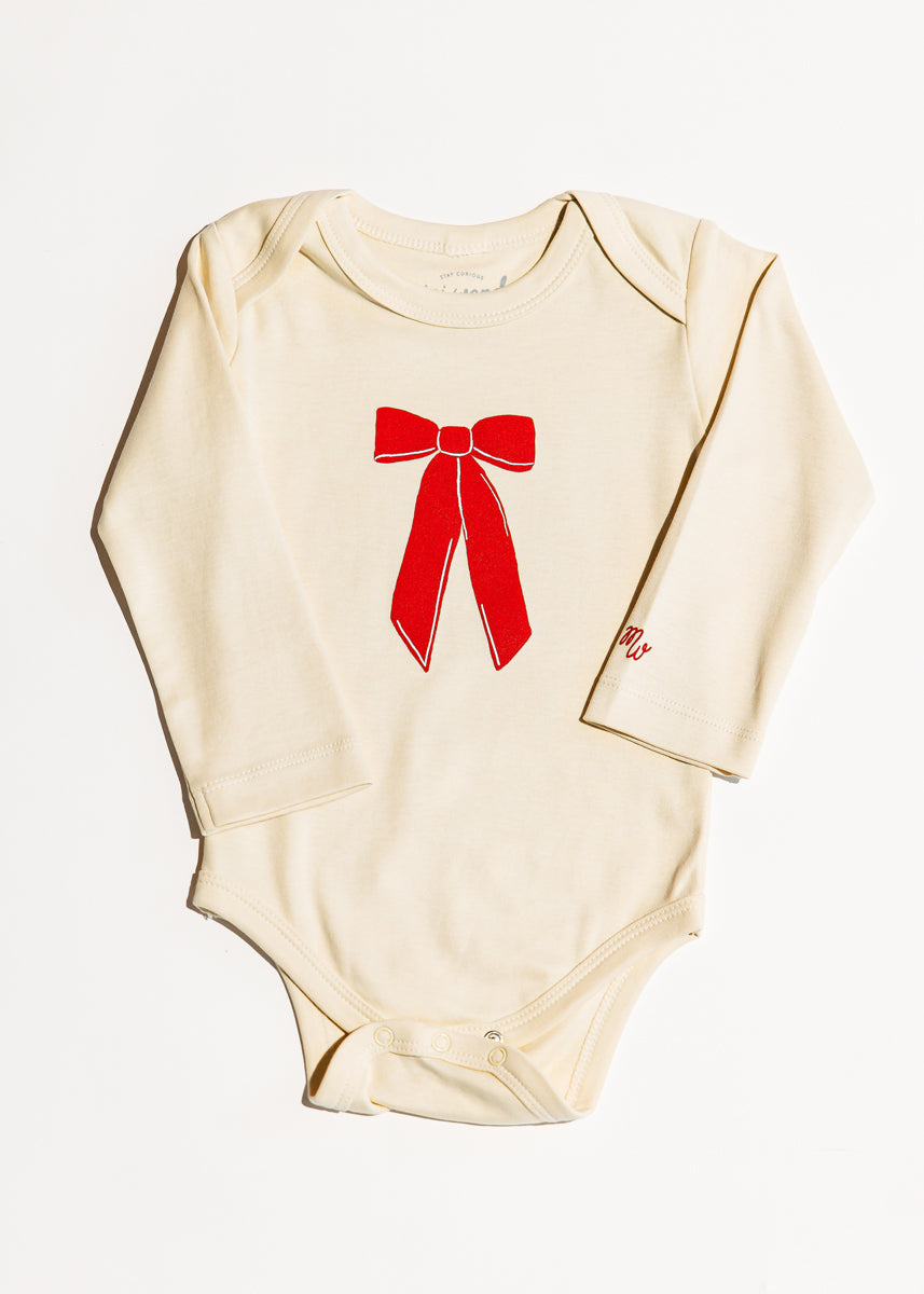 Holiday Bow Long Sleeve Onesie - Natural