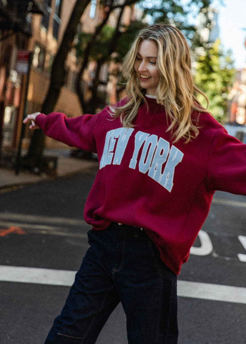 New York Collegiate Puff Mock Neck Sweatshirt - Burgundy & Light Blue