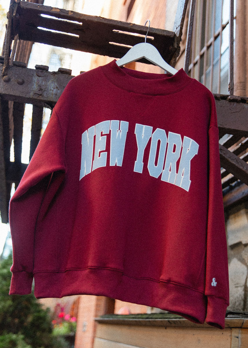 New York Collegiate Puff Mock Neck Sweatshirt - Burgundy & Light Blue