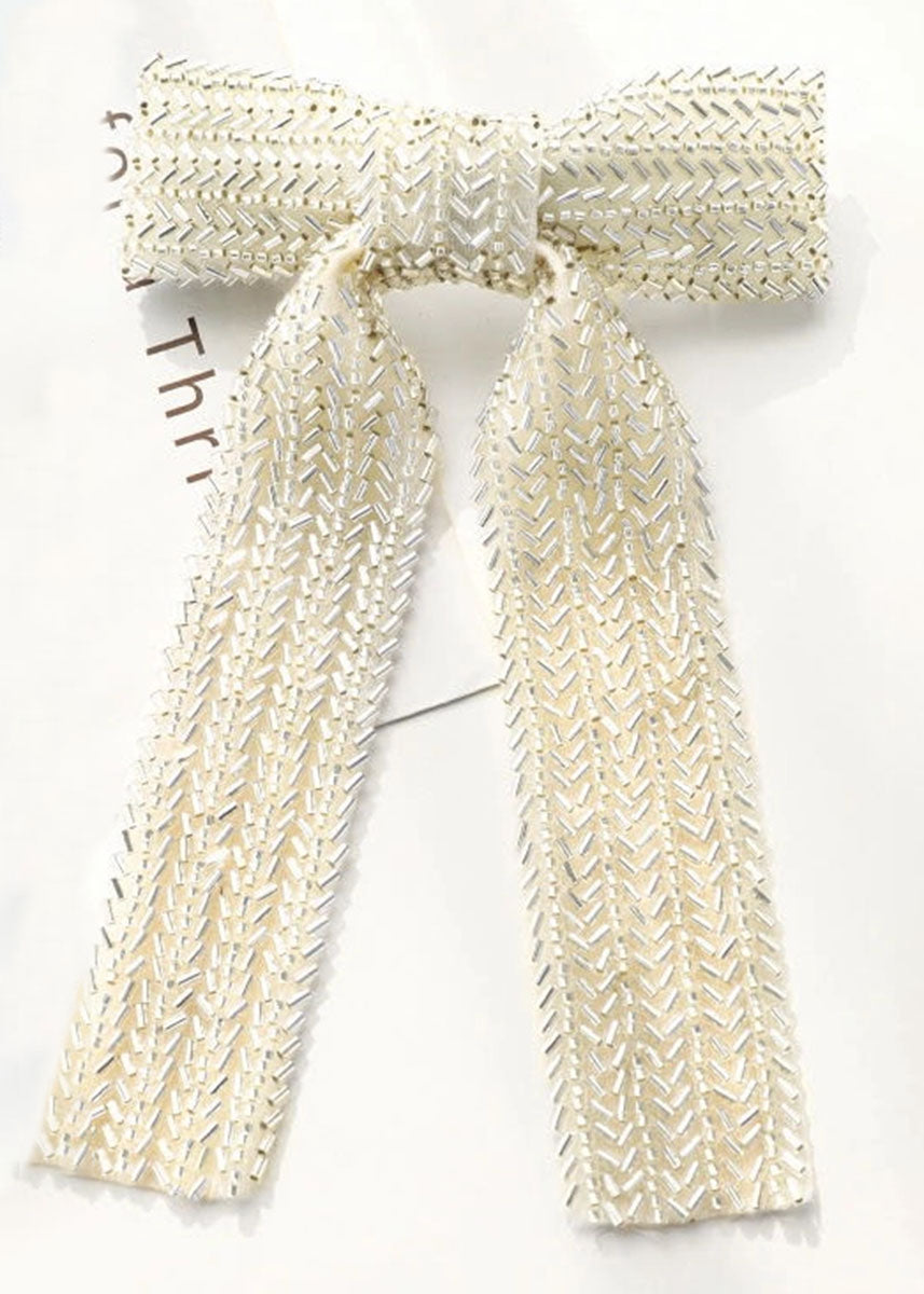 Beaded Hair Bow Clip - Ivory Beads