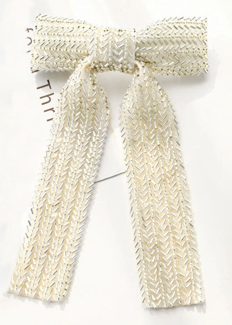 Beaded Hair Bow Clip - Ivory Beads
