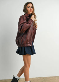 Delia Faux Leather Zip Jacket - Wine