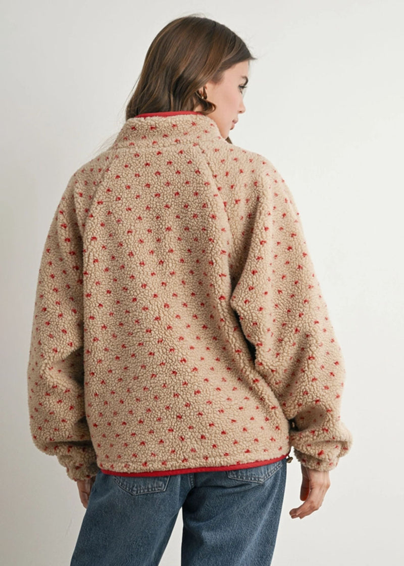 Pippa Fleece Puffer Jacket - Taupe & Red