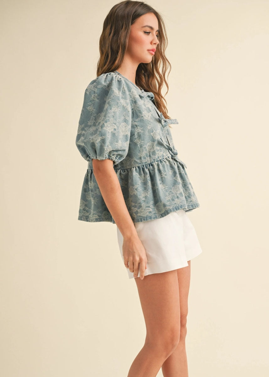 Jenna Jacquard Tie-Front Top - Denim