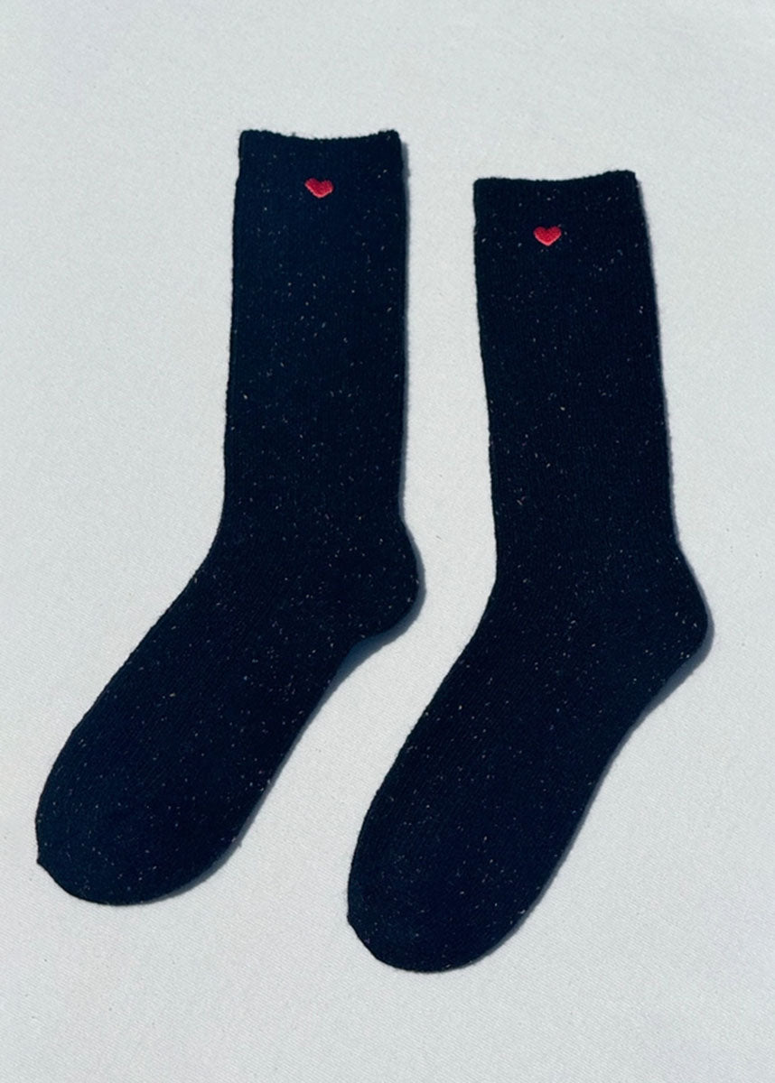 Heart Embroidered Snow Socks - Black