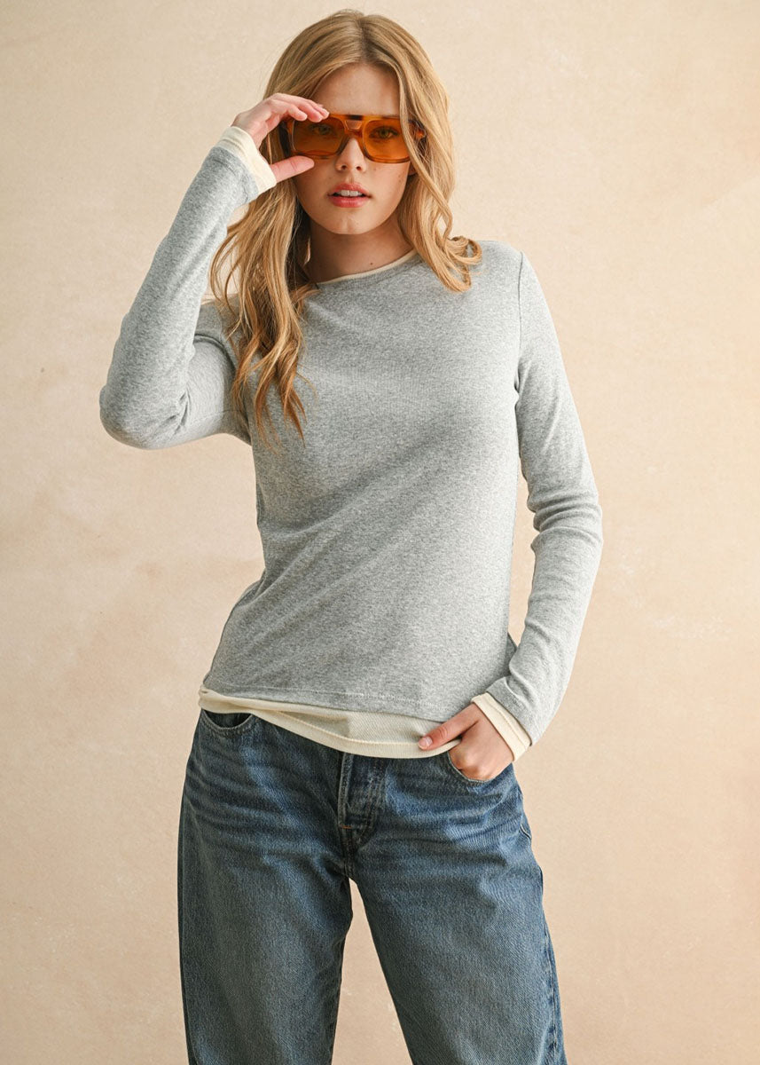 Ellison Color Contrast Long Sleeve Top - Grey