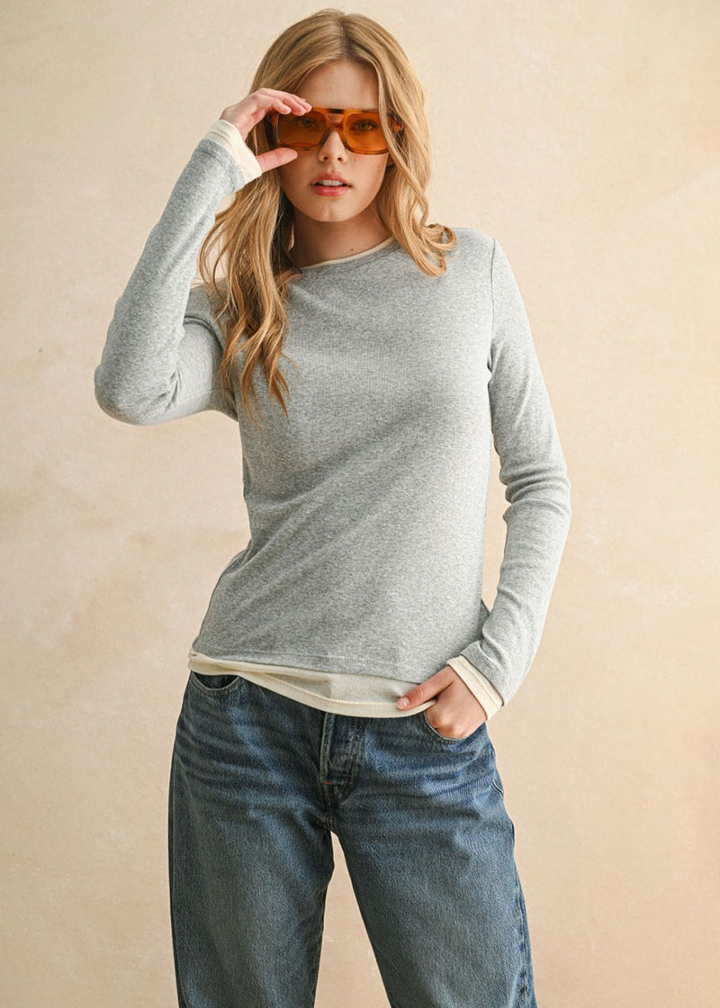 Ellison Color Contrast Long Sleeve Top - Grey