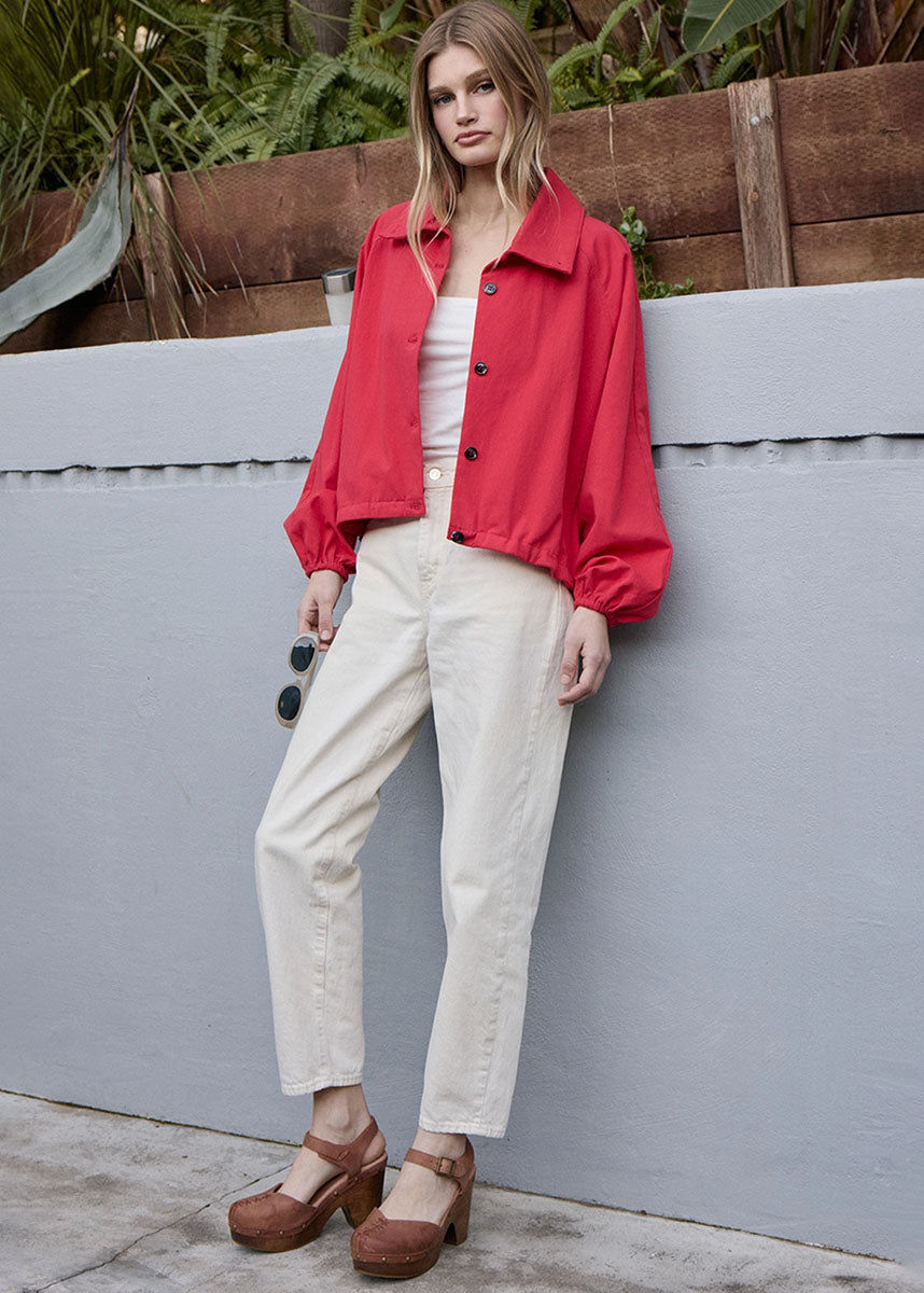 Ruby High Neck Button-Up Jacket - Red