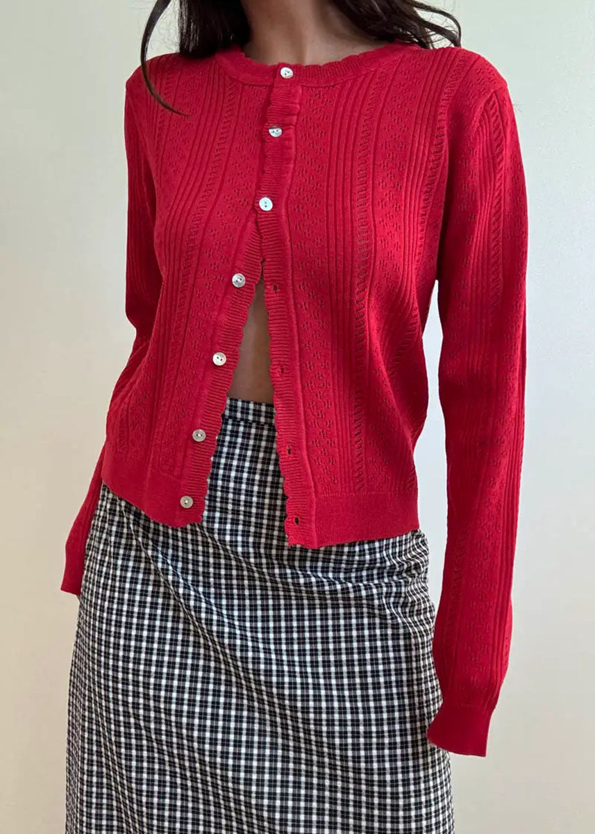 Noel Pointelle Knit Cardigan - Red