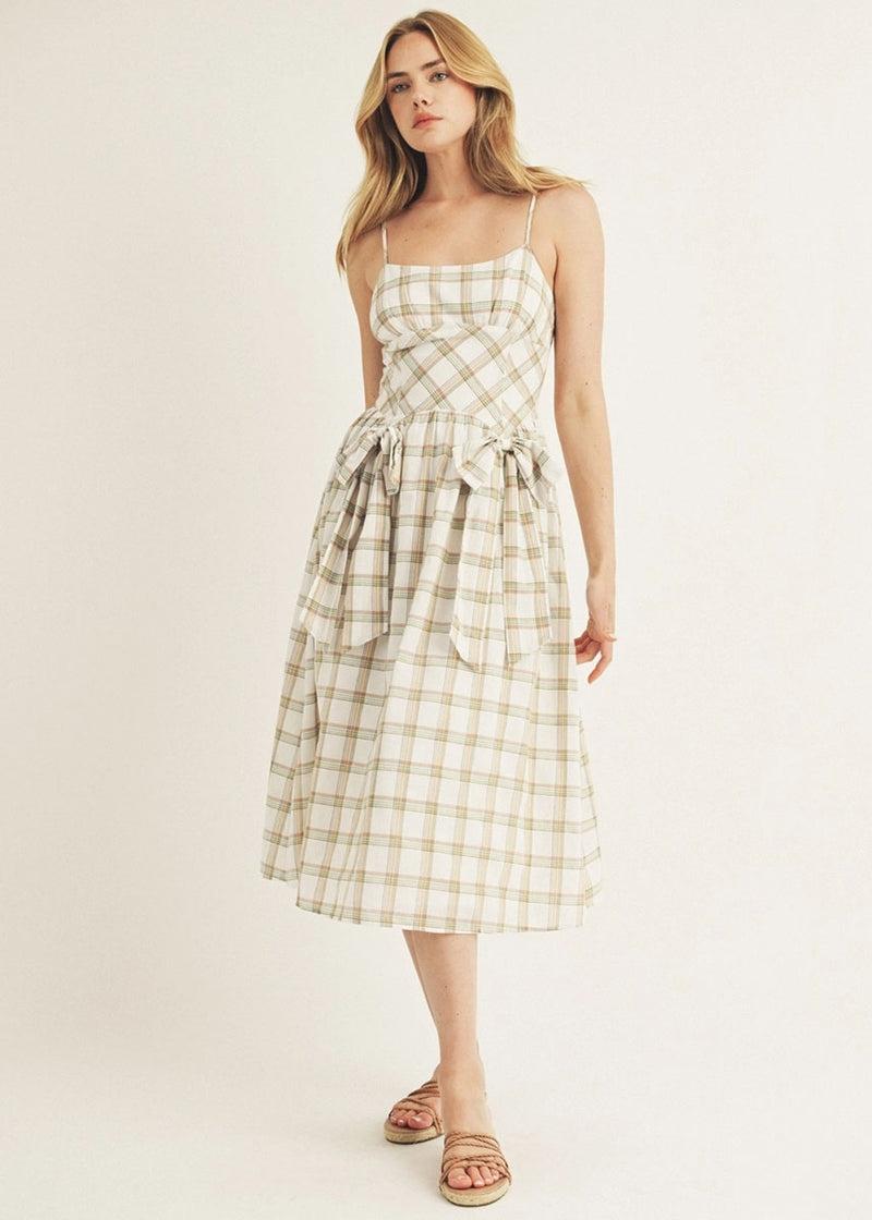 Suzanne Plaid Bows Midi Dress - White Multi