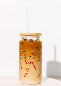 Candy Cane Can Glass + Lid & Straw