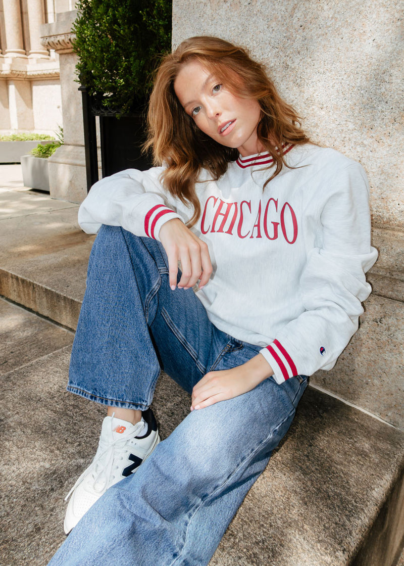 Chicago Champion Striped Rib Crewneck - Cardinal