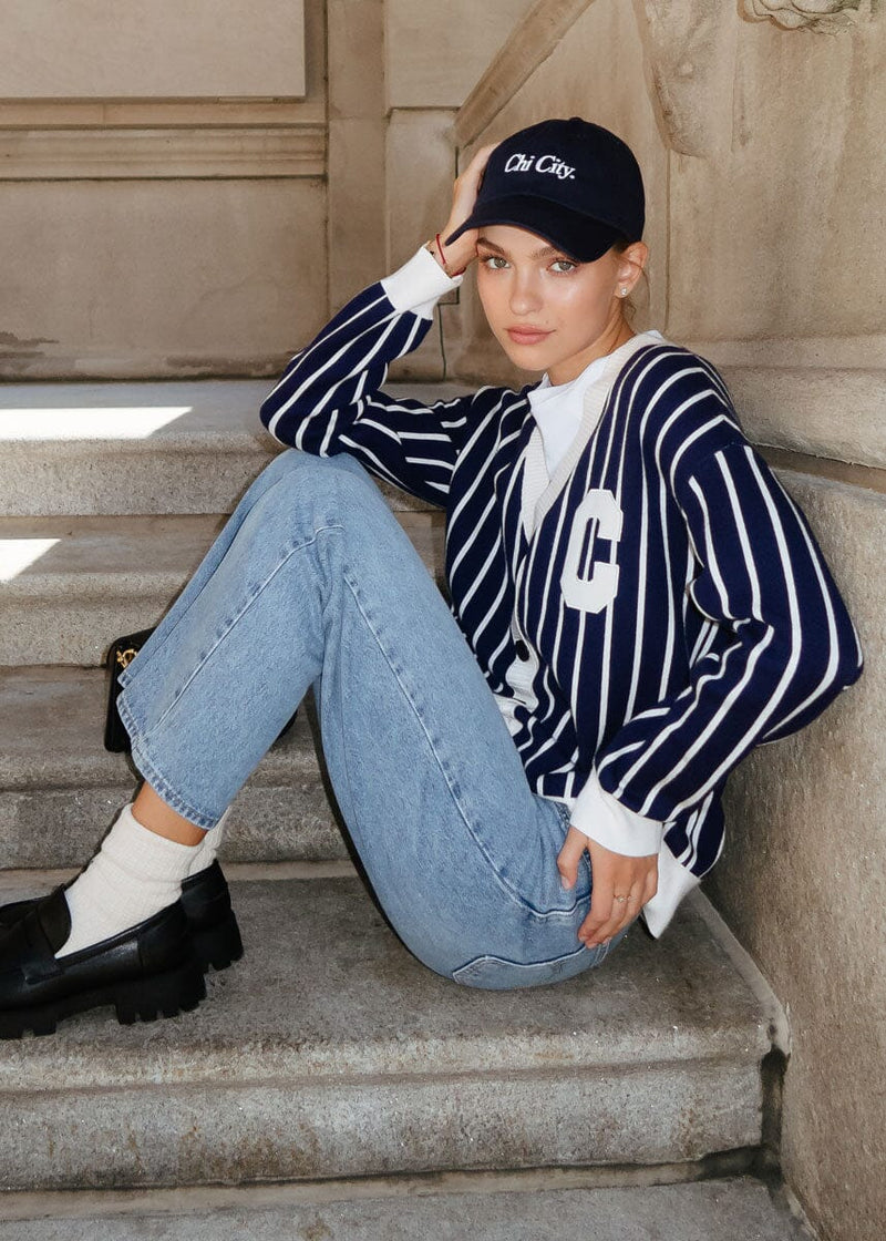 Chicago Striped Cardigan - Navy