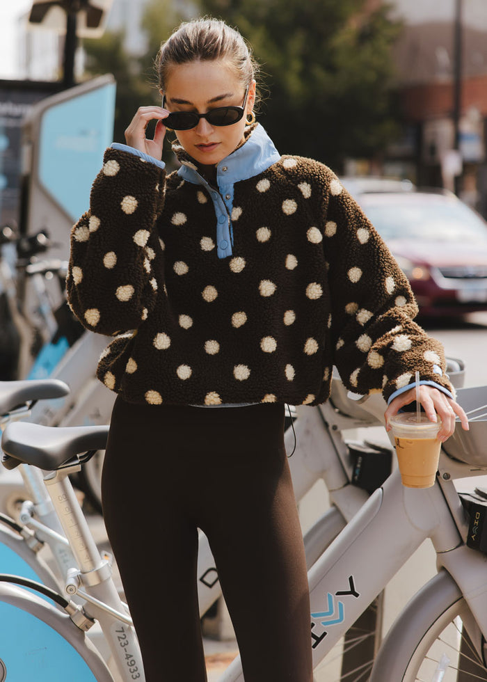 Alice Polka Dot Quarter Snap Fleece - Cocoa