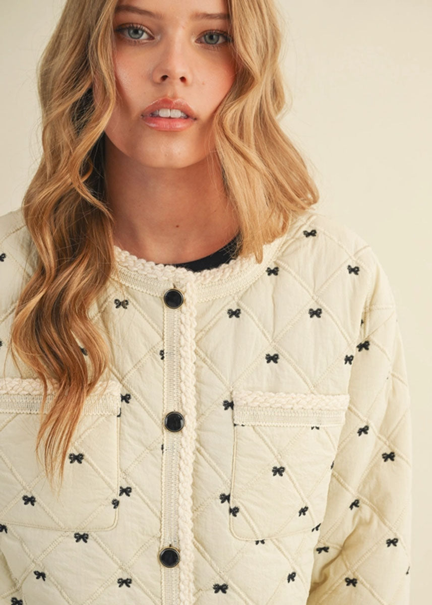 Bow Embroidered Quilted Puff Jacket - Cream