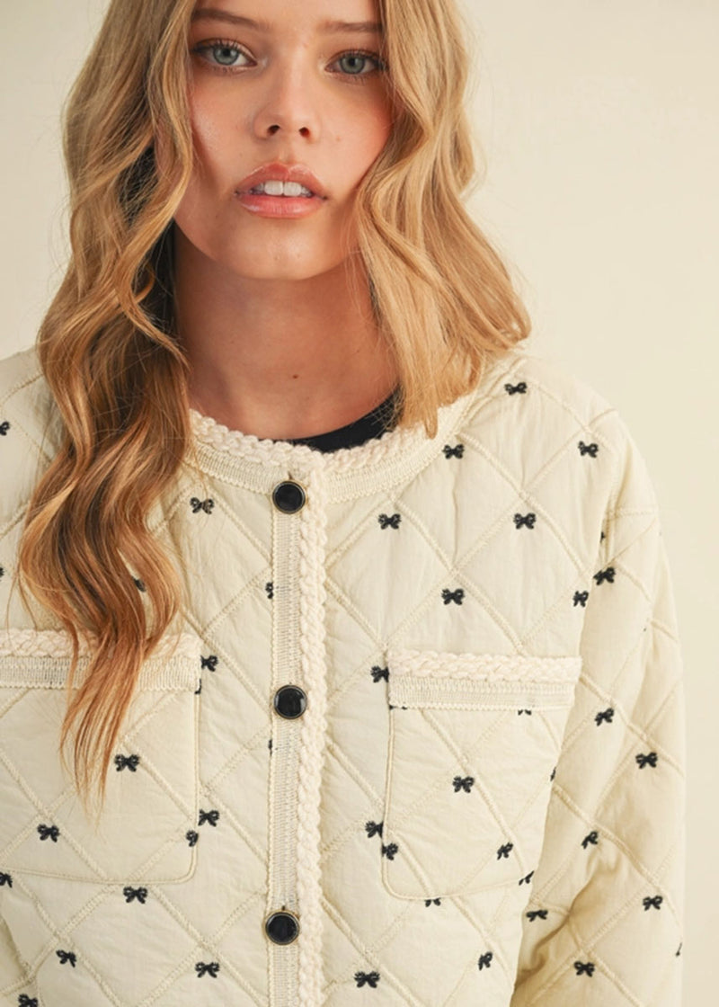 Bow Embroidered Quilted Puff Jacket - Cream
