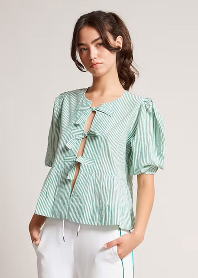 Tally Puff Tie Peplum Top - Garden Green