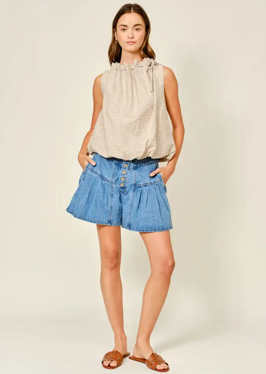 Evangeline Checkered Bubble Top - Brown