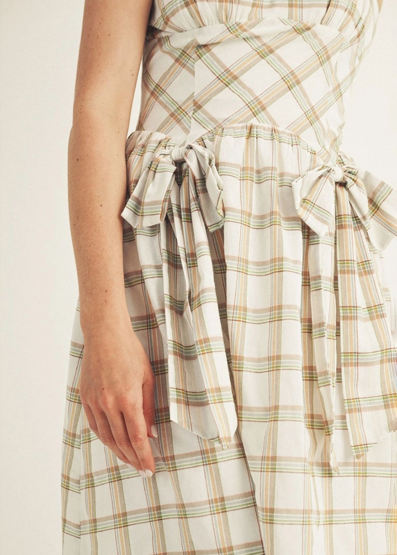 Suzanne Plaid Bows Midi Dress - White Multi