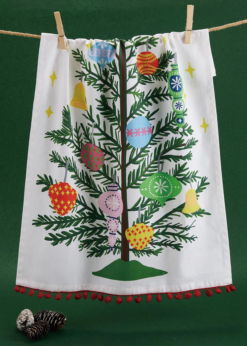 Vintage Christmas Tree Pom Pom Tea Towel