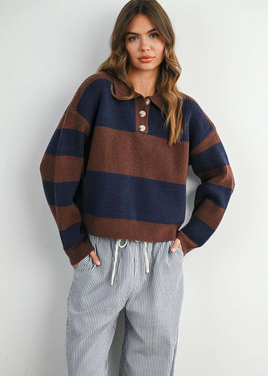 Myla Collared Sweater - Brown & Navy