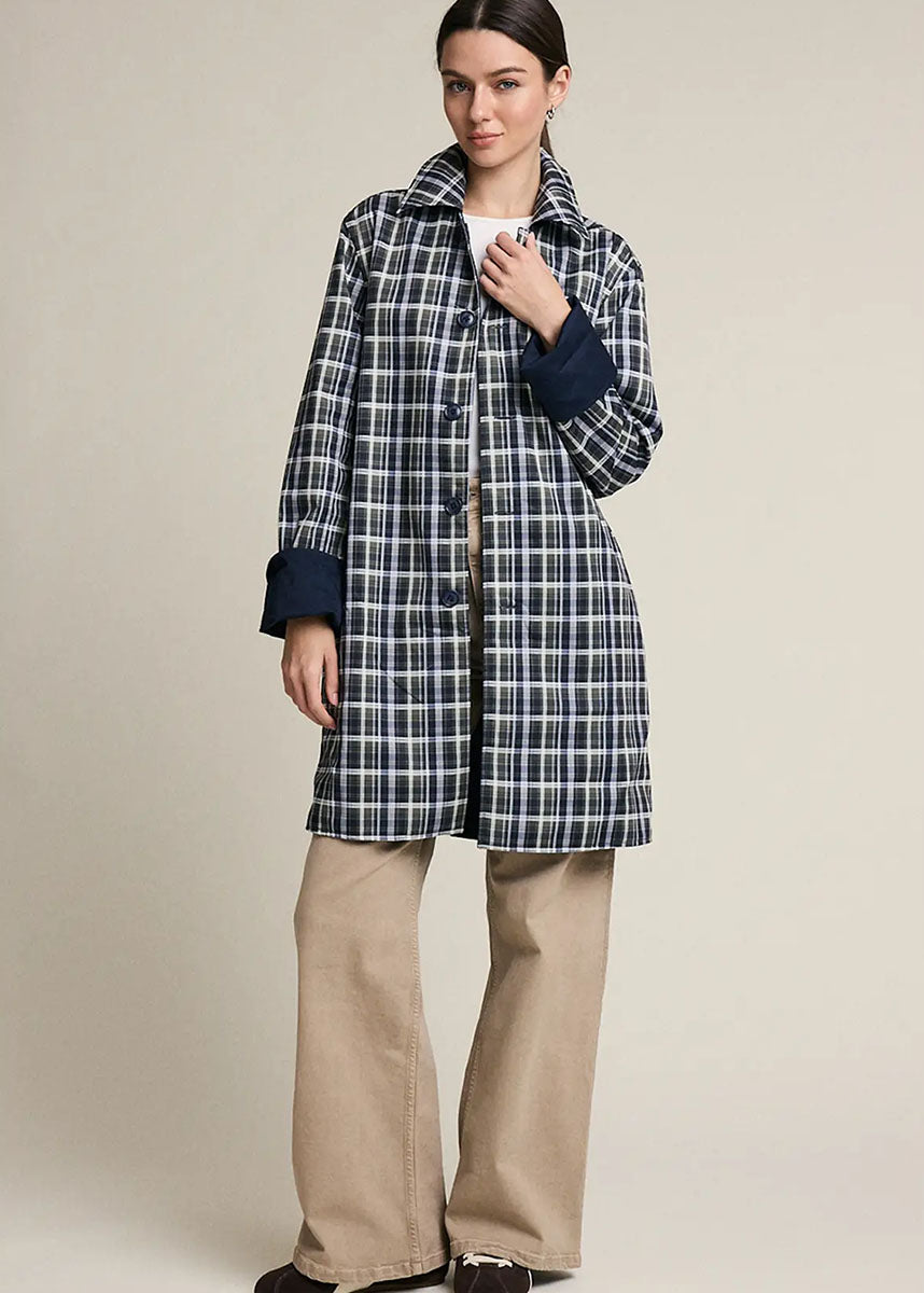 Waldorf Reversible Plaid Trench Jacket - Navy