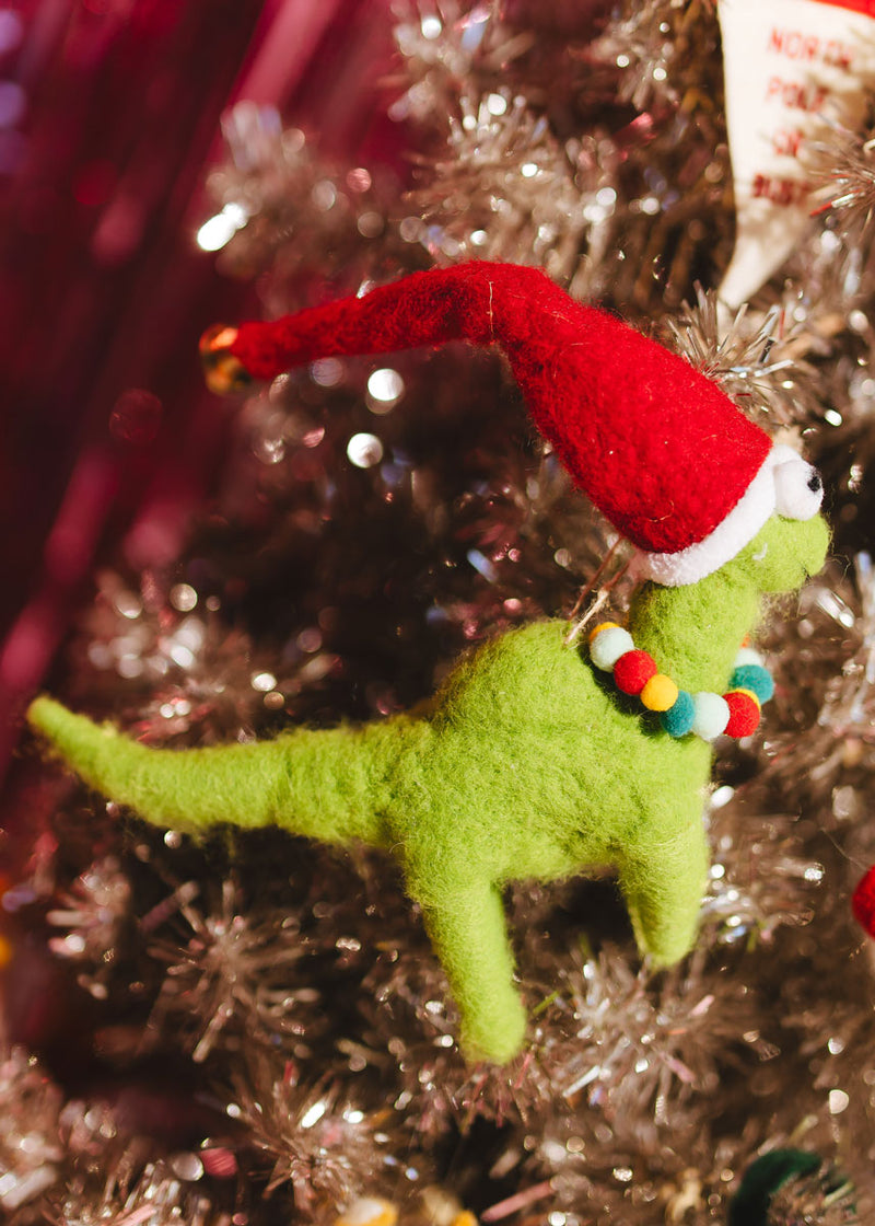 Holiday Dinosaur Ornament - Green with Santa Hat