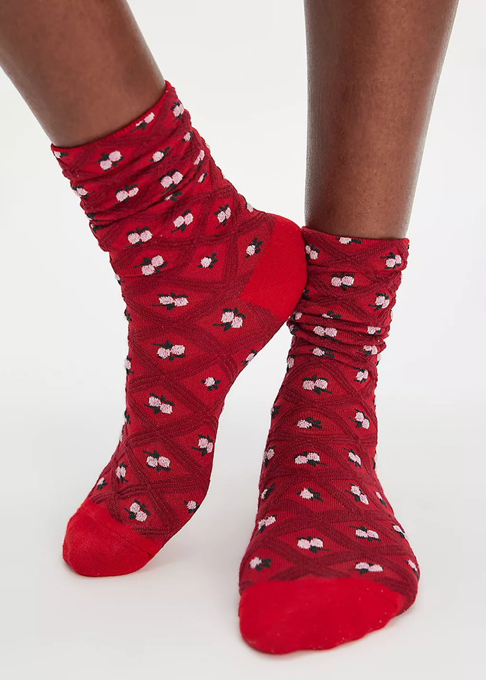 Floral Jacquard Trouser Socks - Red