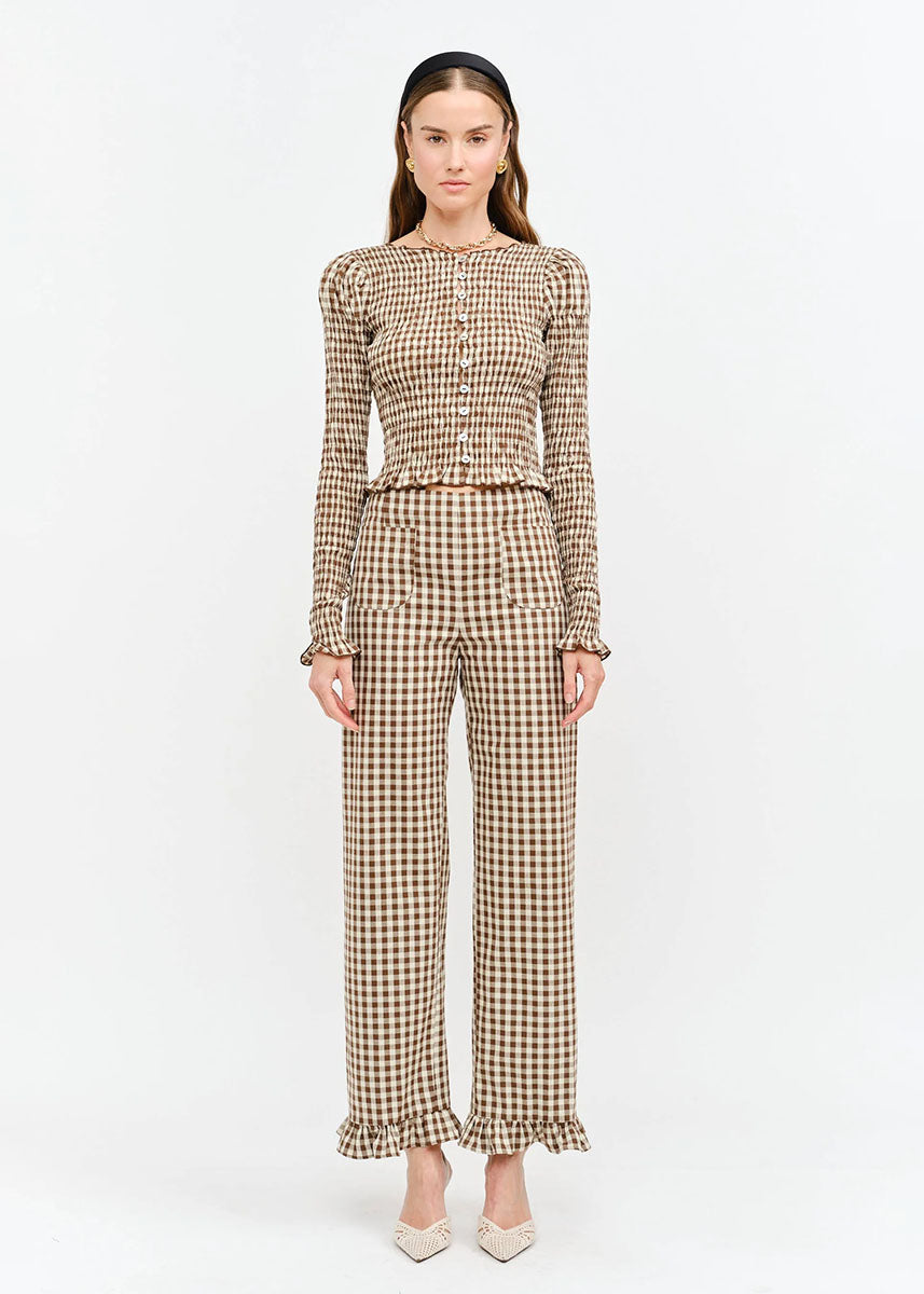 Paloma Straight Ruffle Gingham Pant - Brown