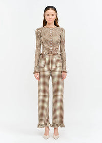 Paloma Straight Ruffle Gingham Pant - Brown