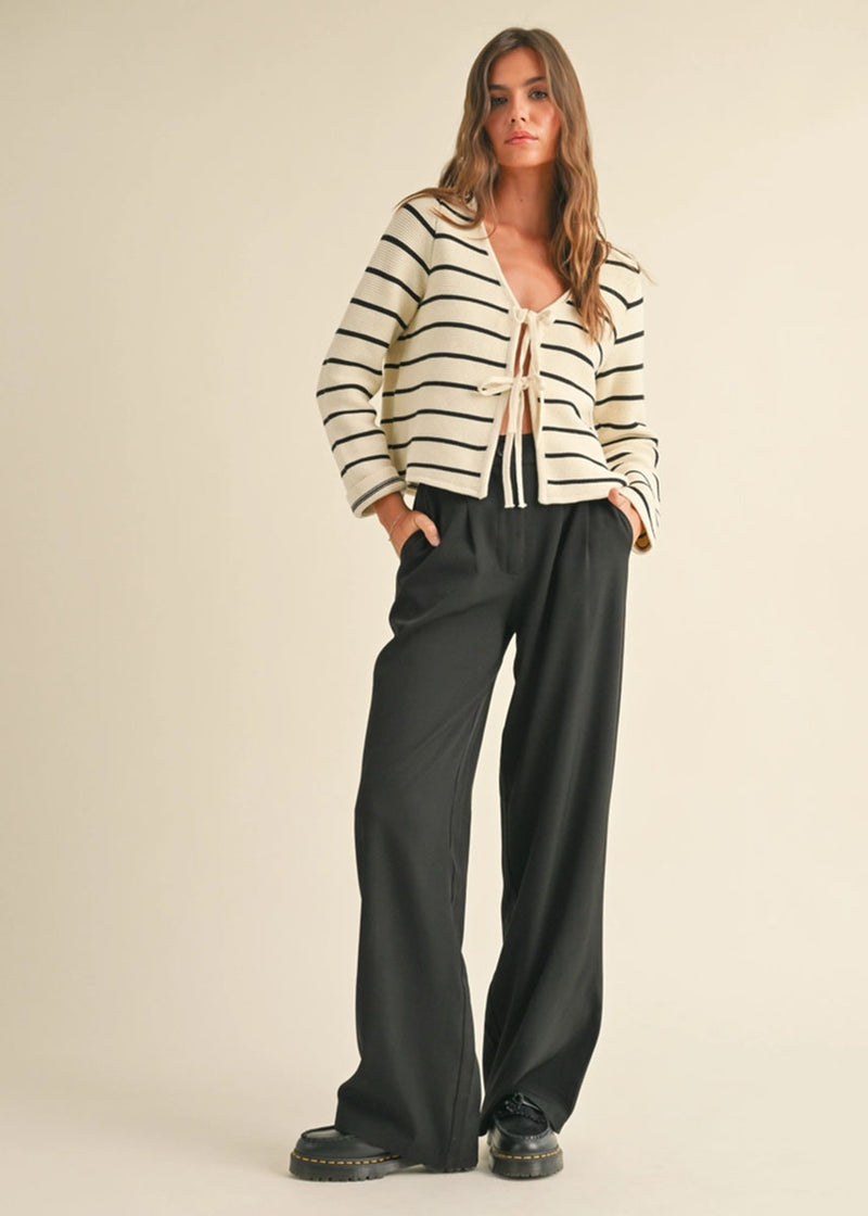 Nancy Striped Tie-Front Cardigan - White & Black