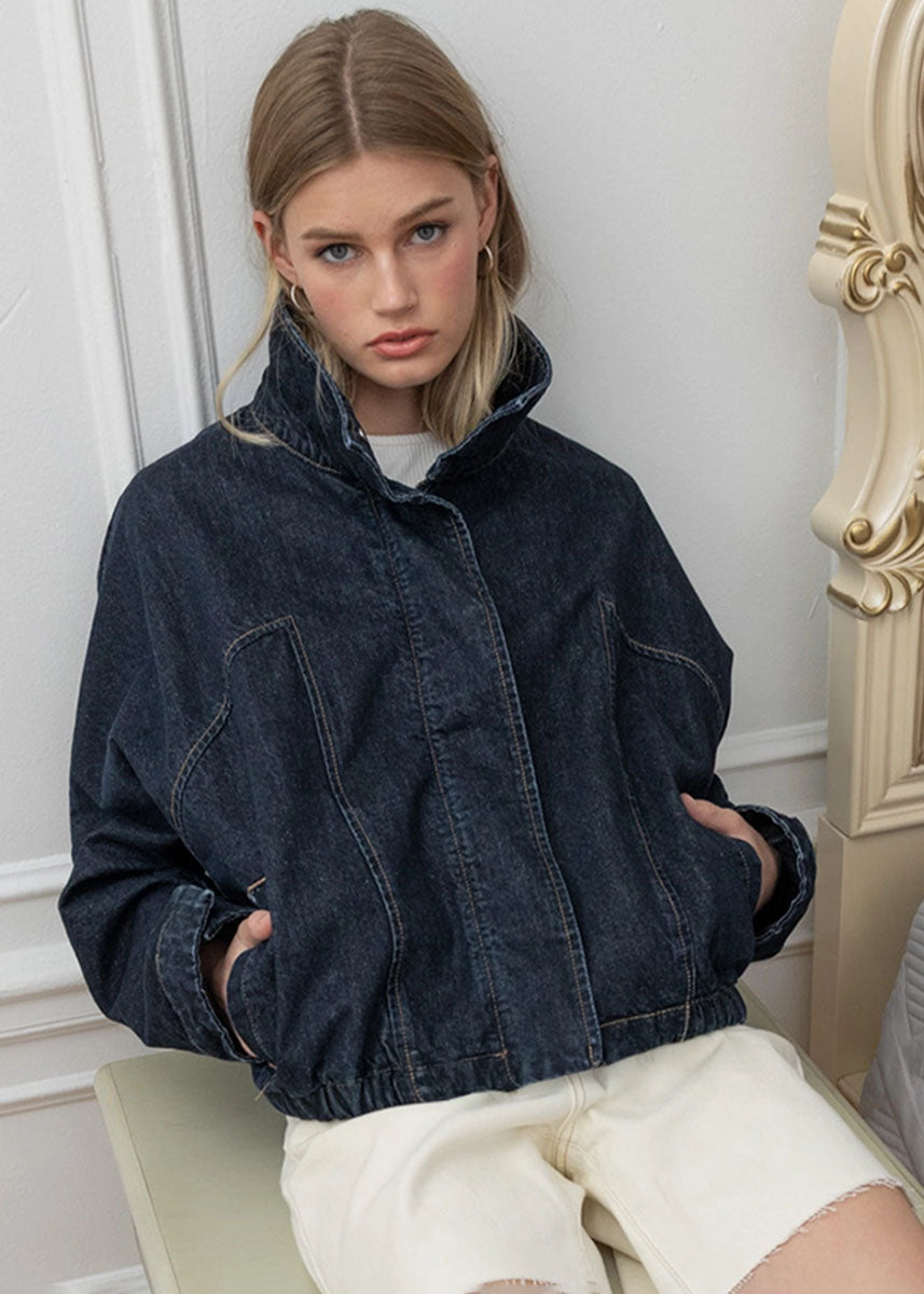 Hillary High Neck Drawstring Denim Jacket - Dark