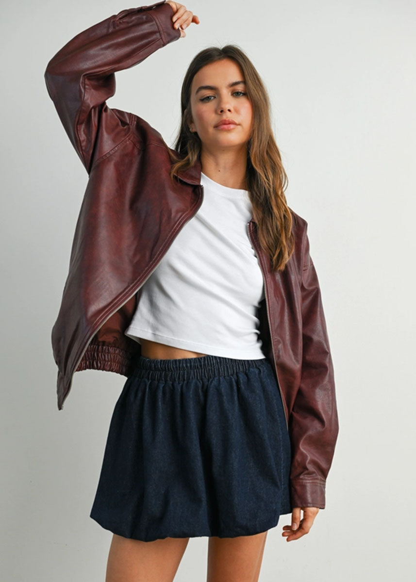 Delia Faux Leather Zip Jacket - Wine