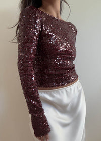 Sangria Boat Neck Sequin Top - Wine