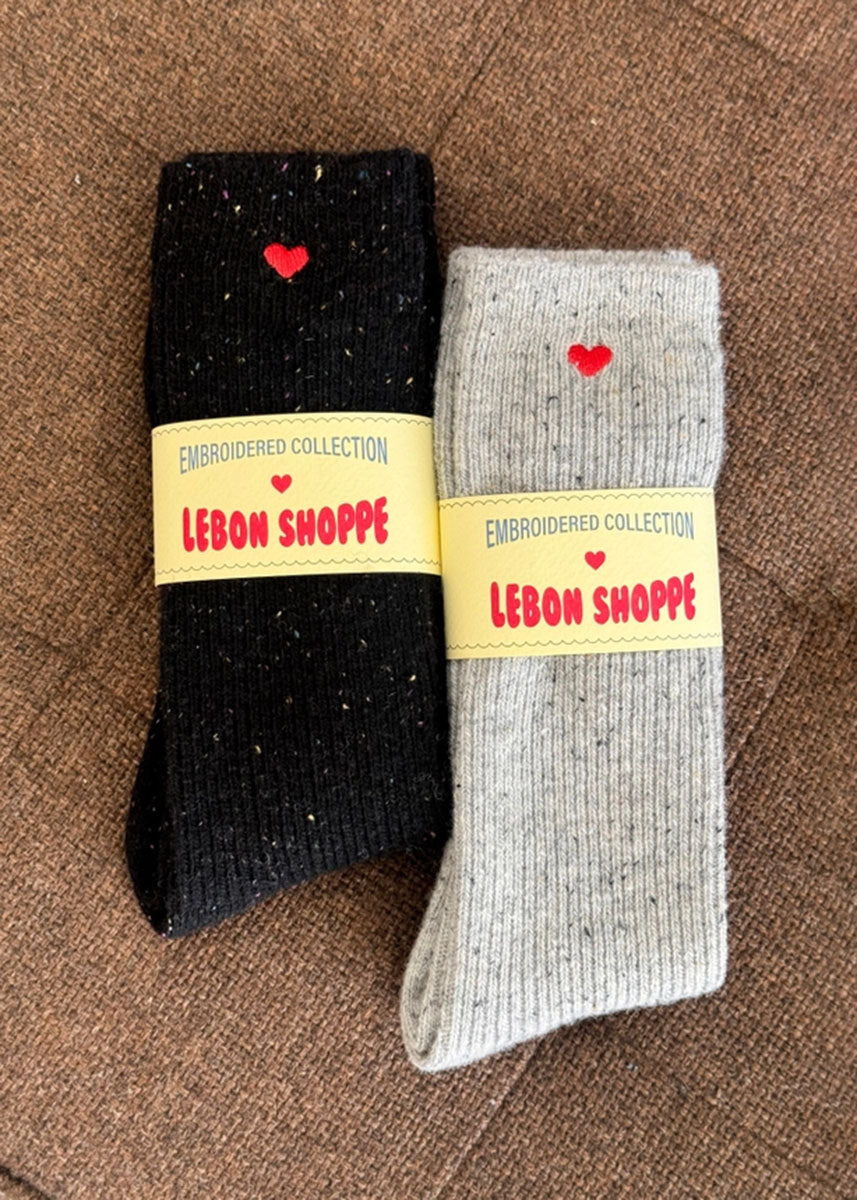 Heart Embroidered Snow Socks - Black
