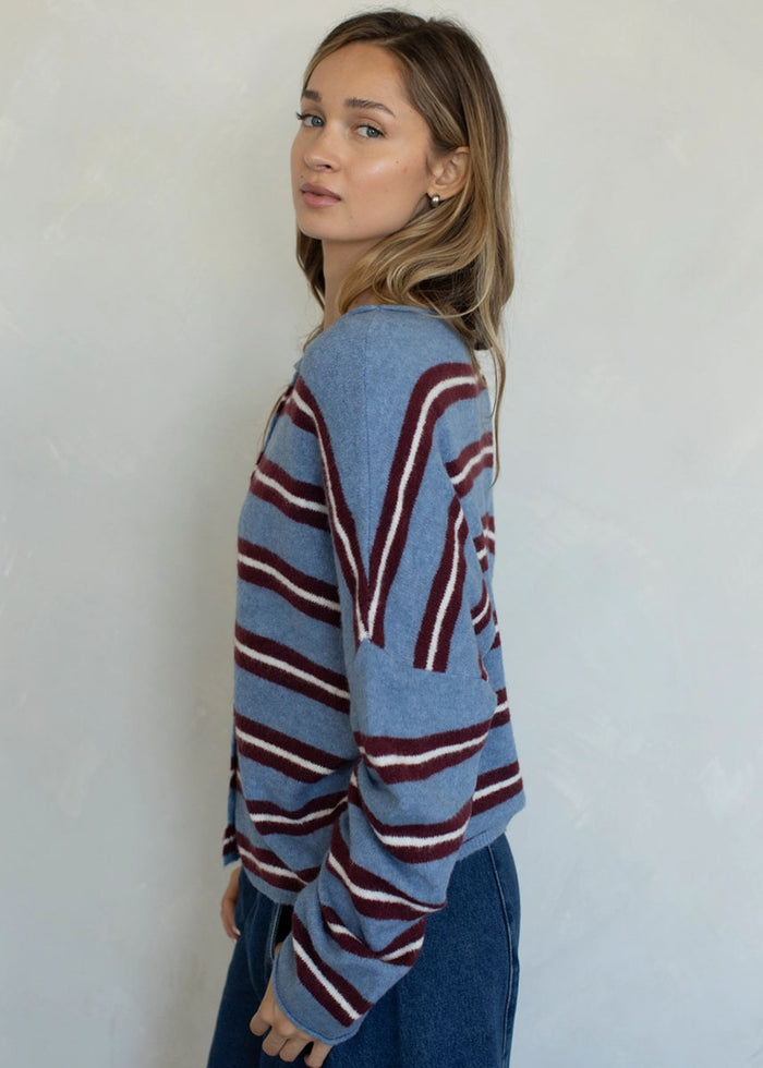 Piper Varsity Stripe Cardigan - Dusty Blue