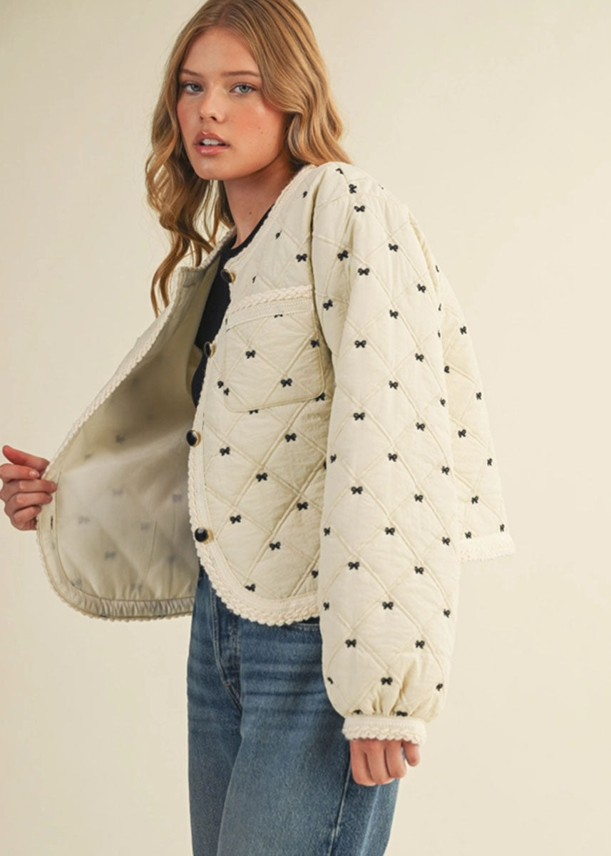 Bow Embroidered Quilted Puff Jacket - Cream