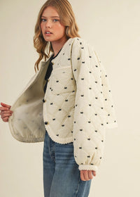 Bow Embroidered Quilted Puff Jacket - Cream