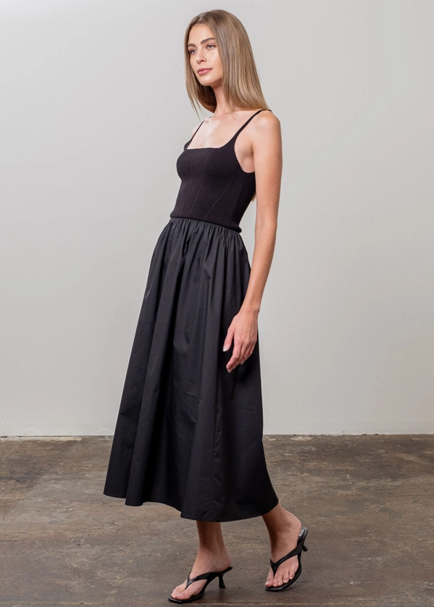 Blaire Sweater Top Woven Midi Dress - Black