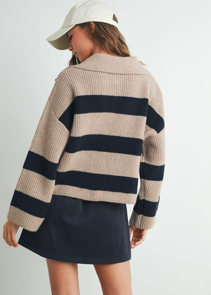 Beck Striped Wide Collar Sweater - Taupe & Black