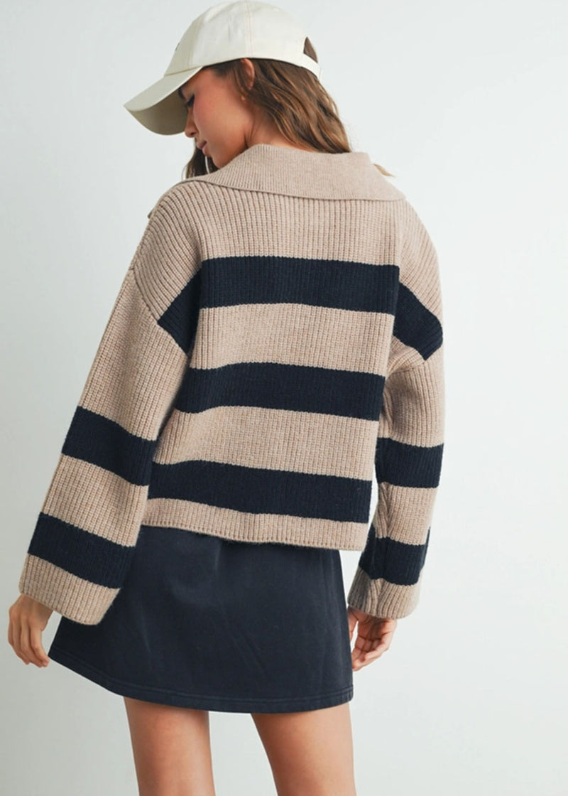 Beck Striped Wide Collar Sweater - Taupe & Black