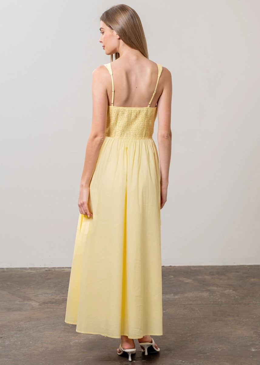 Honey V-Neck Pleated Midi Dress - Light Yellow