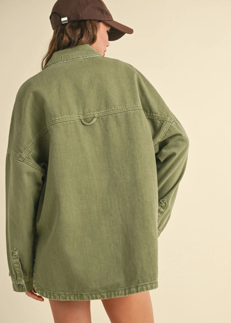 Shirley Washed Denim Snap Shacket - Olive