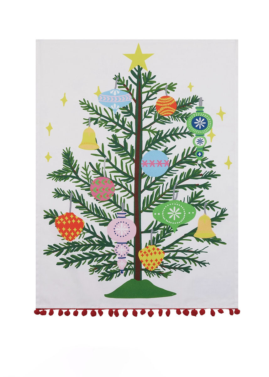 Vintage Christmas Tree Pom Pom Tea Towel