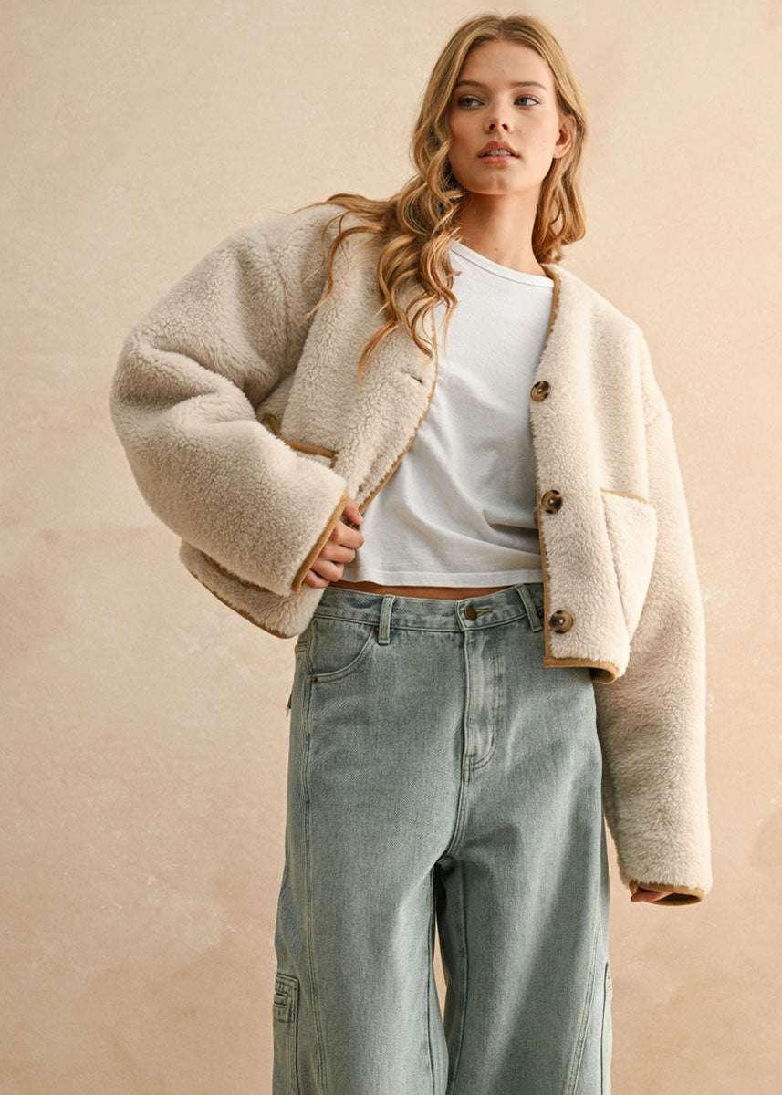 Judy Reversible Suede & Sherpa Jacket - Camel