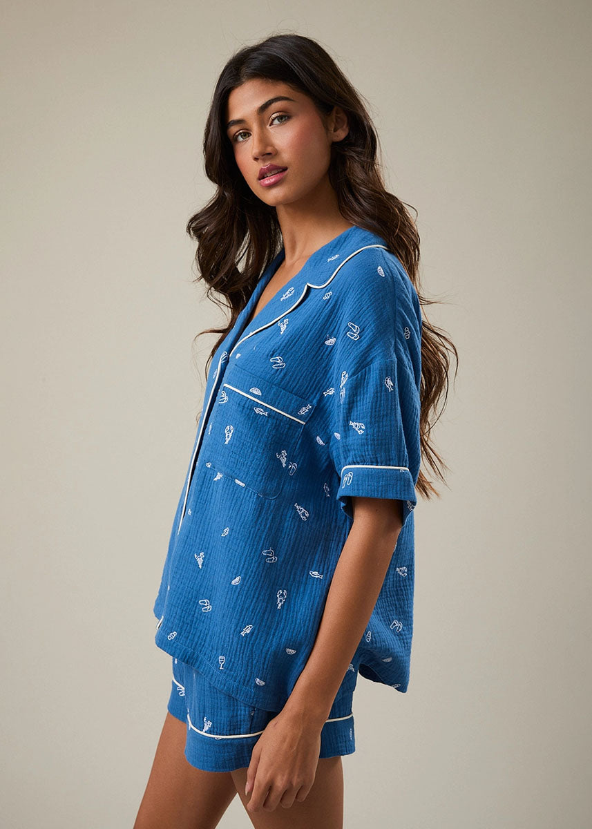 Verona Embroidered Pajama Top - Blue & White