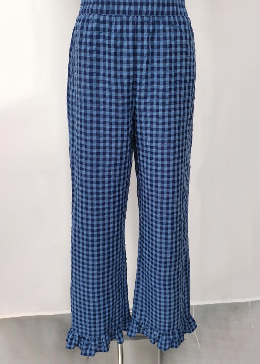Checkered Ruffle Hem Pant - Dark Blue
