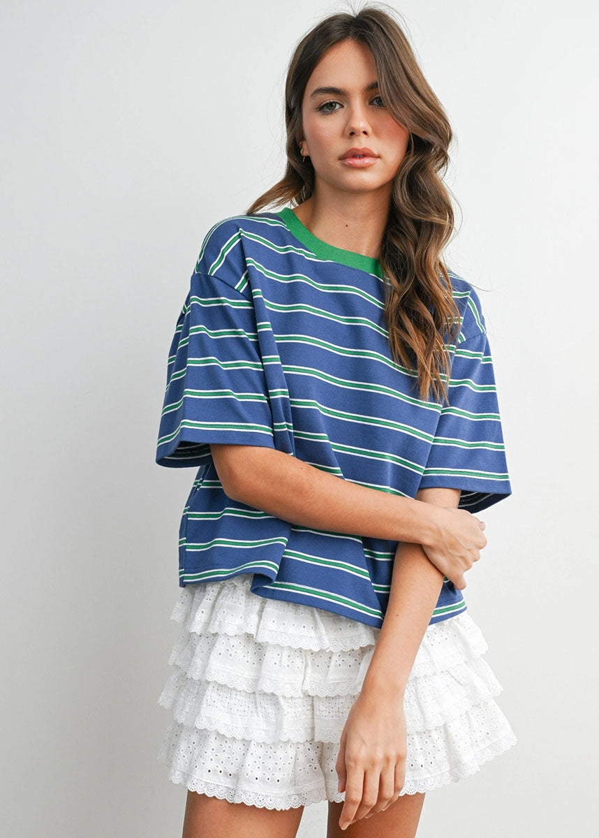 Emiko Striped Crop Tee - Blue & Green