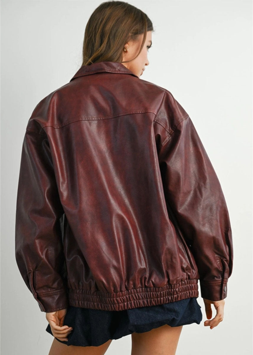 Delia Faux Leather Zip Jacket - Wine